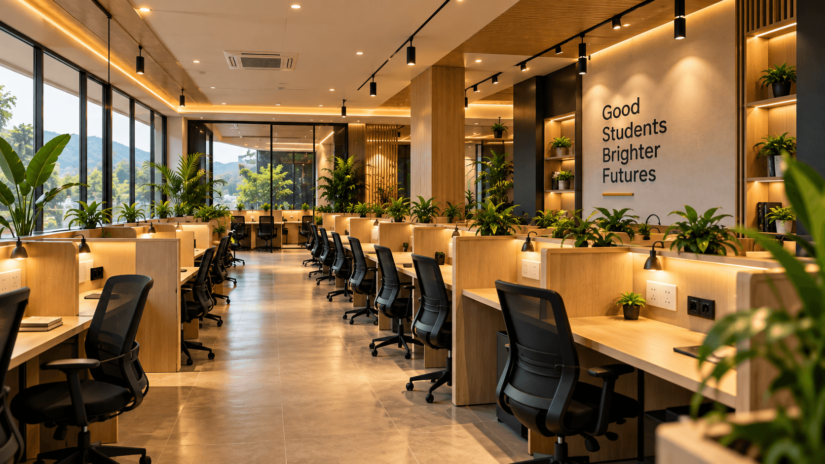 The study hall at Cubic Nilambur — individual desks, warm light and a quiet room
